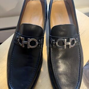 Salvatore Ferragamo Black Leather Loafers with Gancini Buckle